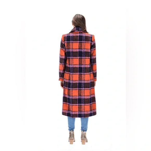 Nasty Gal Premium Plaid Double-Breasted Wool Look Coat Orange & Purple Size 16 - Picture 13 of 17